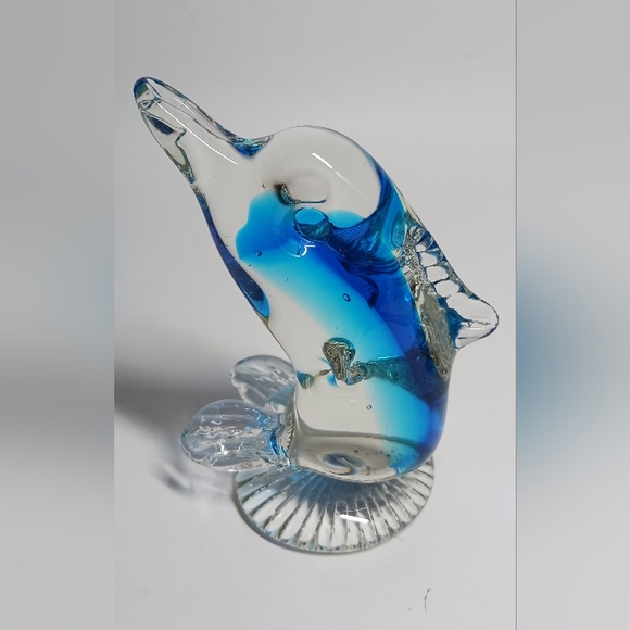 4.5" MURANO STYLE ART GLASS DOLPHIN ON shel BLUE CLEAR SCULPTURE/PAPERWEIGt - Picture 4 of 6